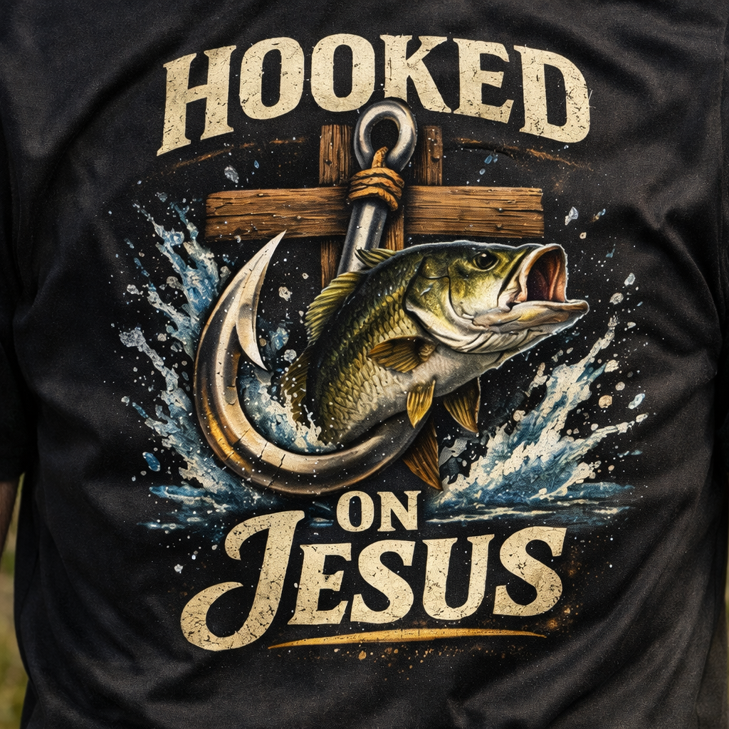 Hooked on Jesus Graphic Cotton T-Shirt