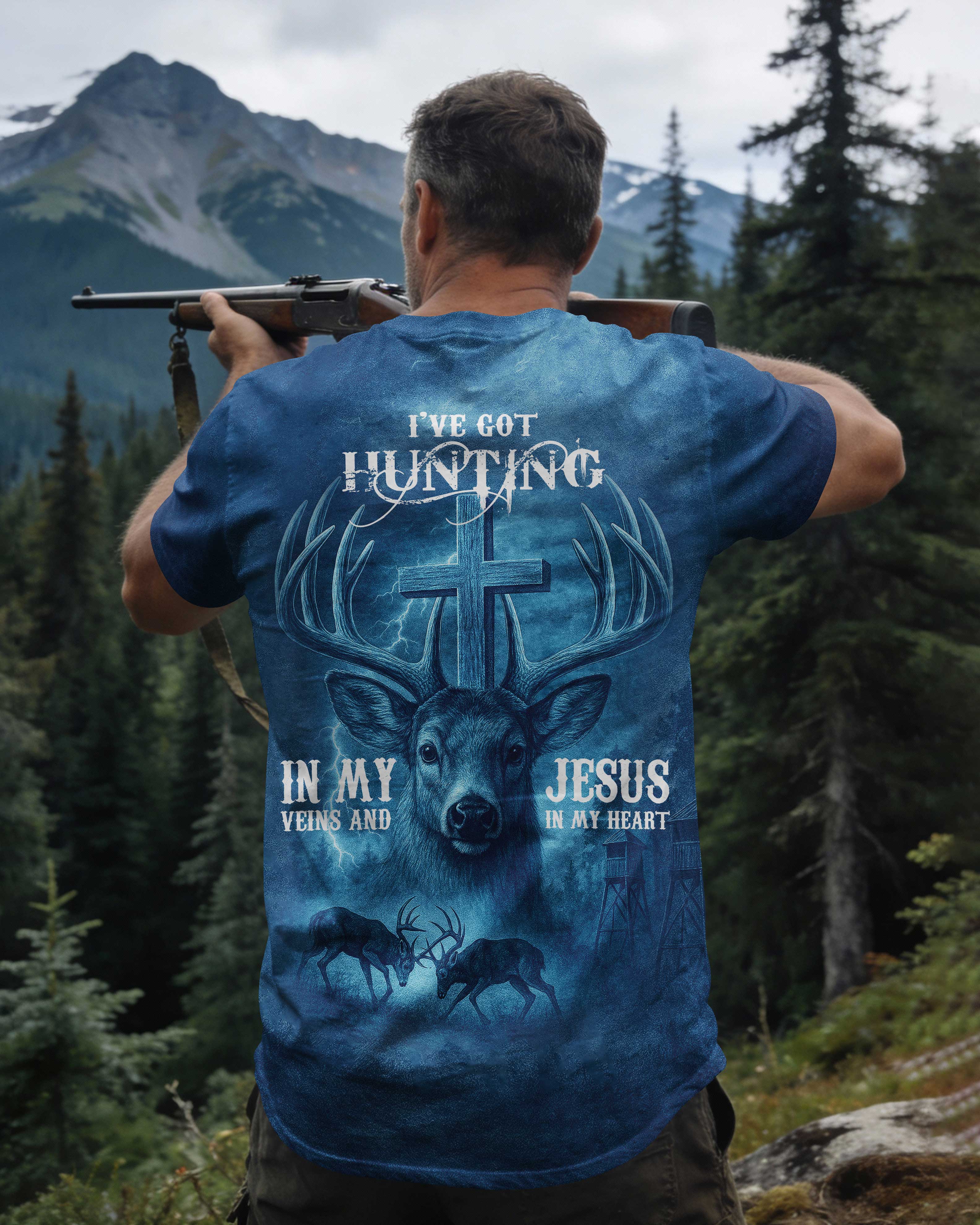 I've Got Hunting In My Veins And Jesus In My Heart Blue Shirt
