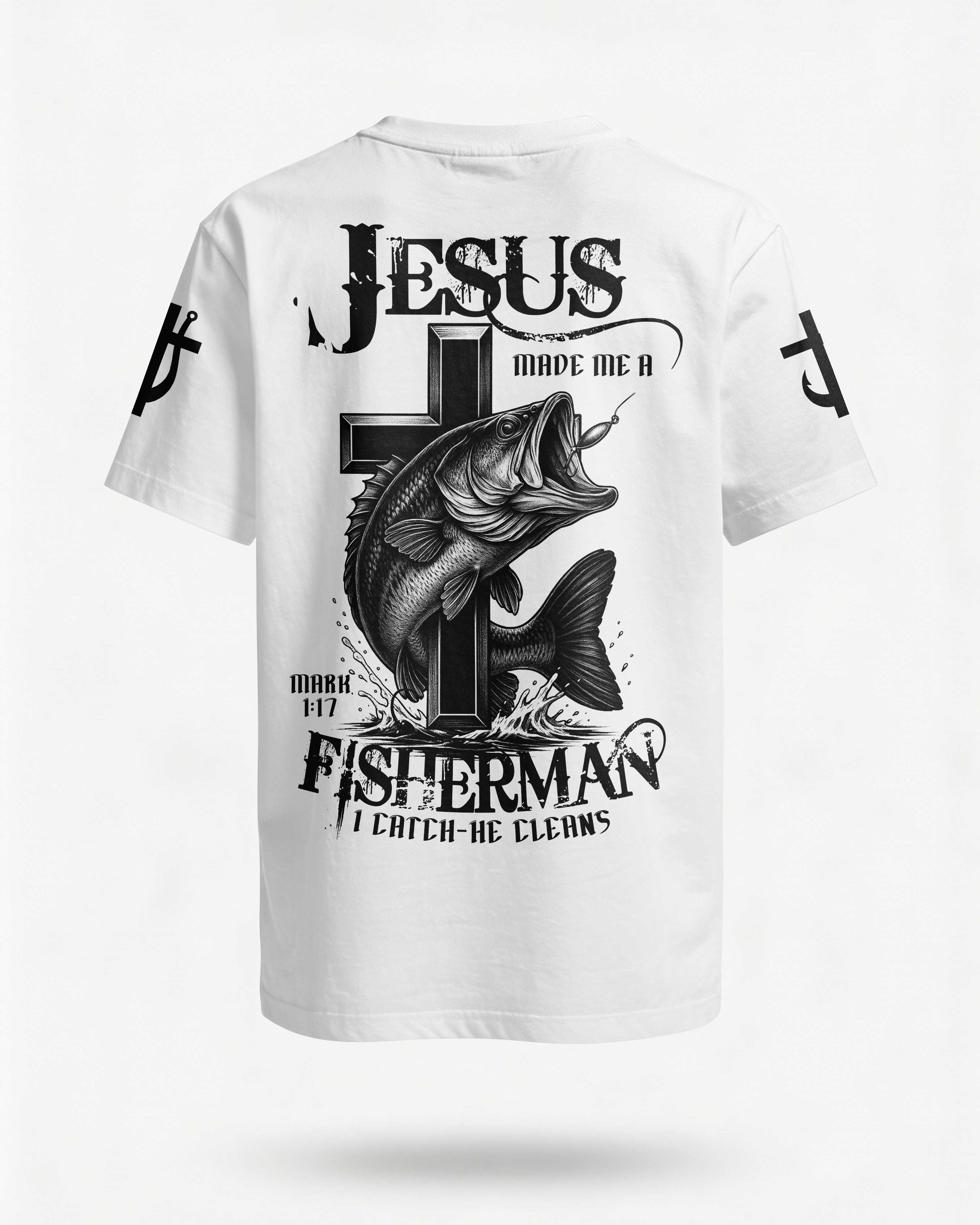 Jesus Made Me A Fisherman I Catch He Cleans All Over Print T-Shirt
