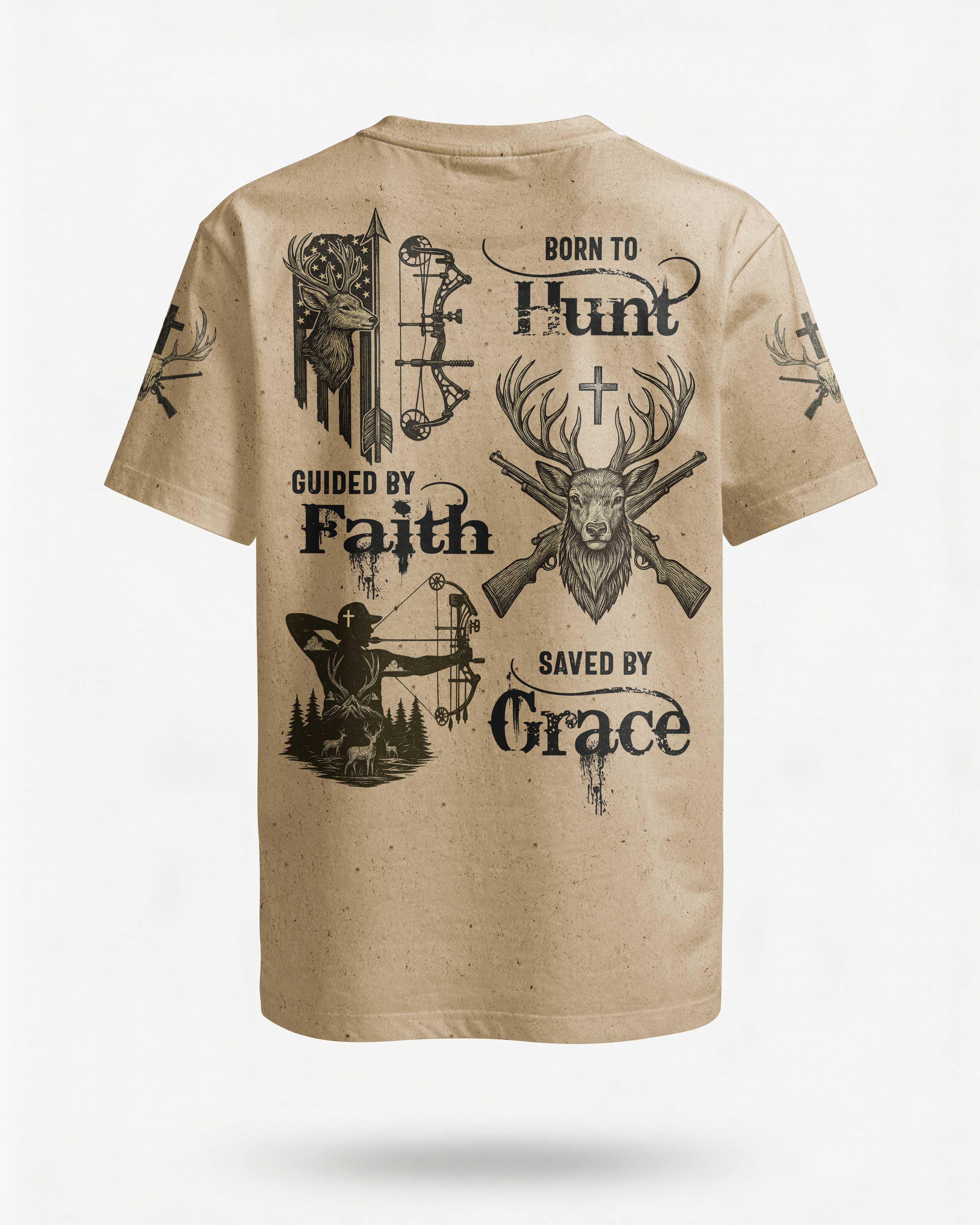 Born To Hunt Guided By Faith Saved By Grace Custom Name T-Shirt Main image