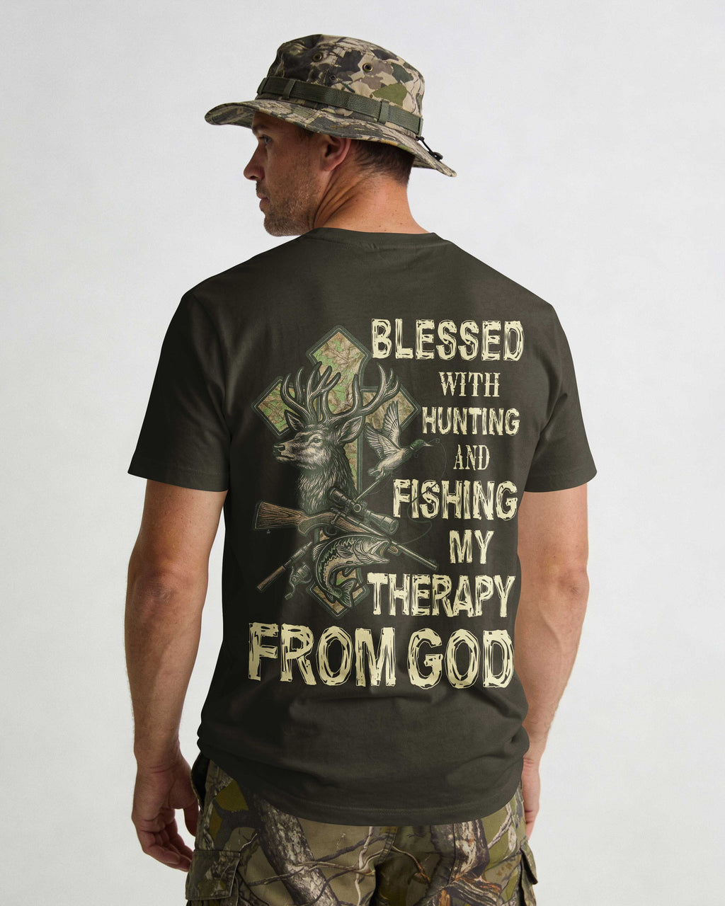 Blessed With Hunting And Fishing My Therapy From God All Over Print T-Shirt