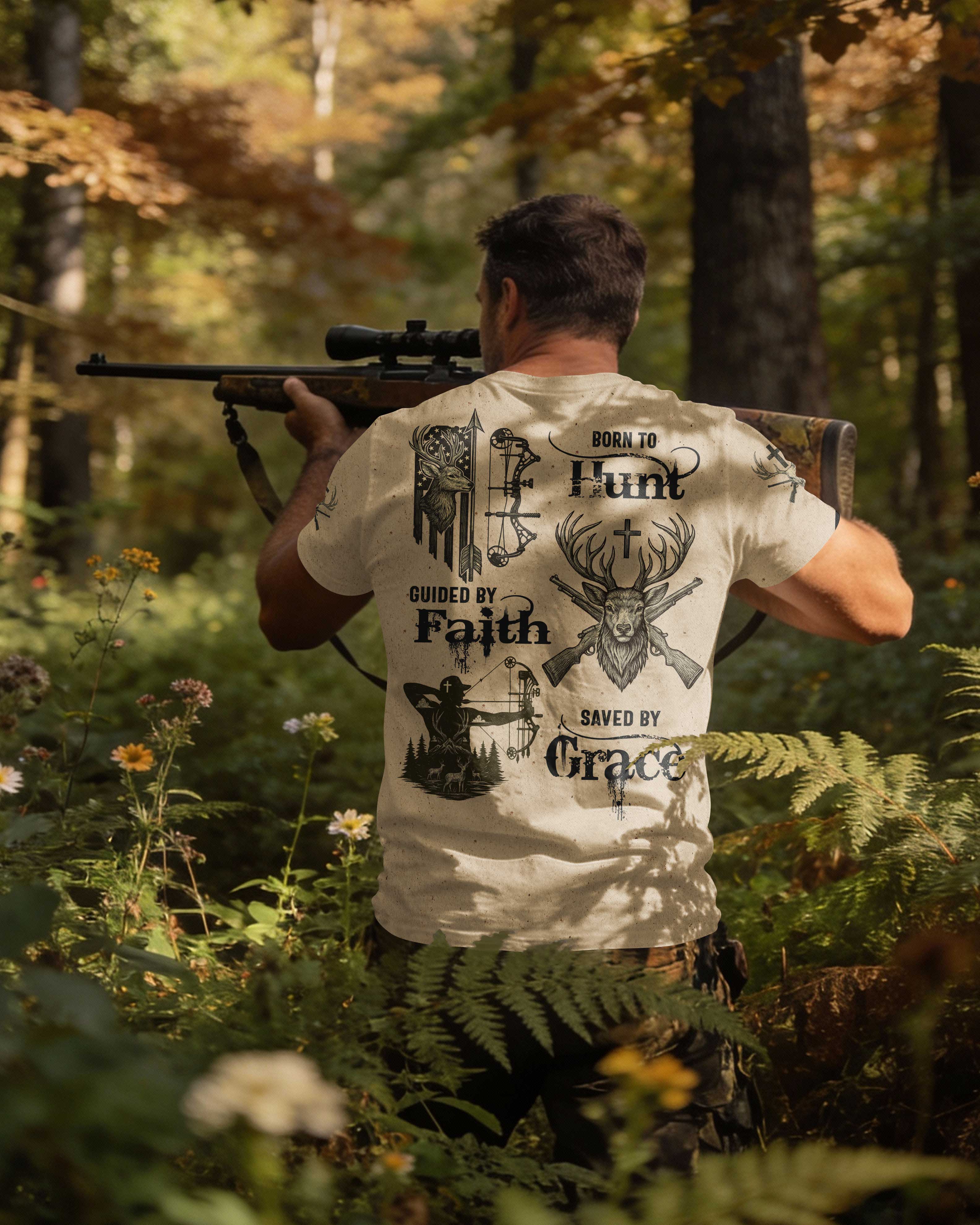 Born To Hunt Guided By Faith Saved By Grace Custom Name T-Shirt