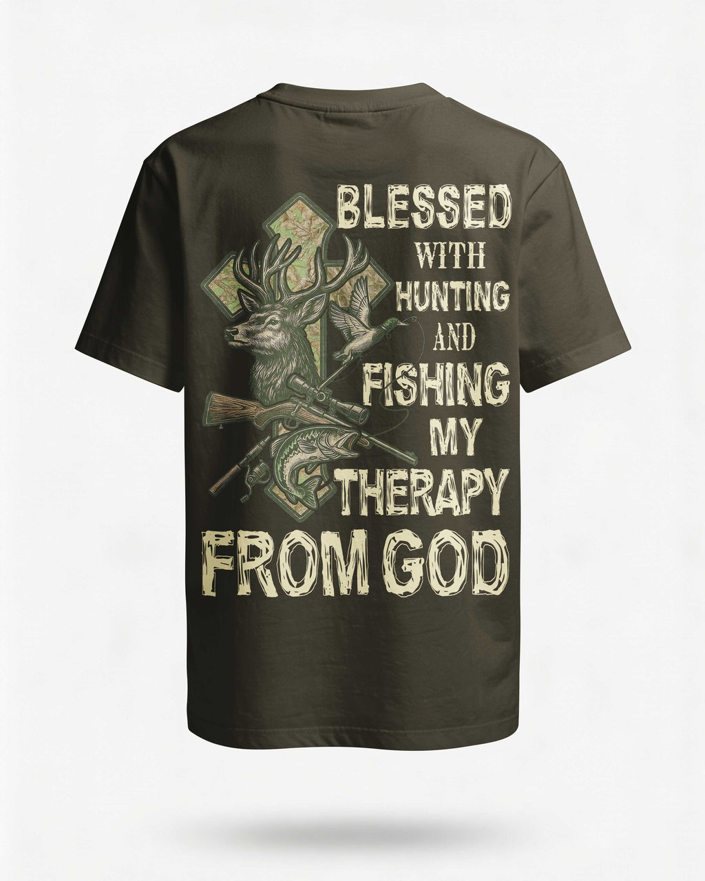 Blessed With Hunting And Fishing My Therapy From God All Over Print T-Shirt