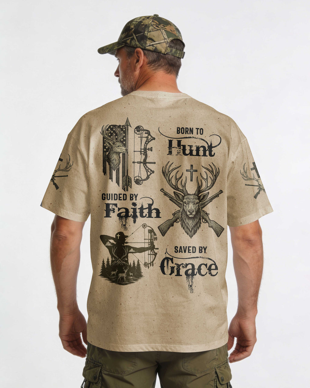 Born To Hunt Guided By Faith Saved By Grace Custom Name T-Shirt