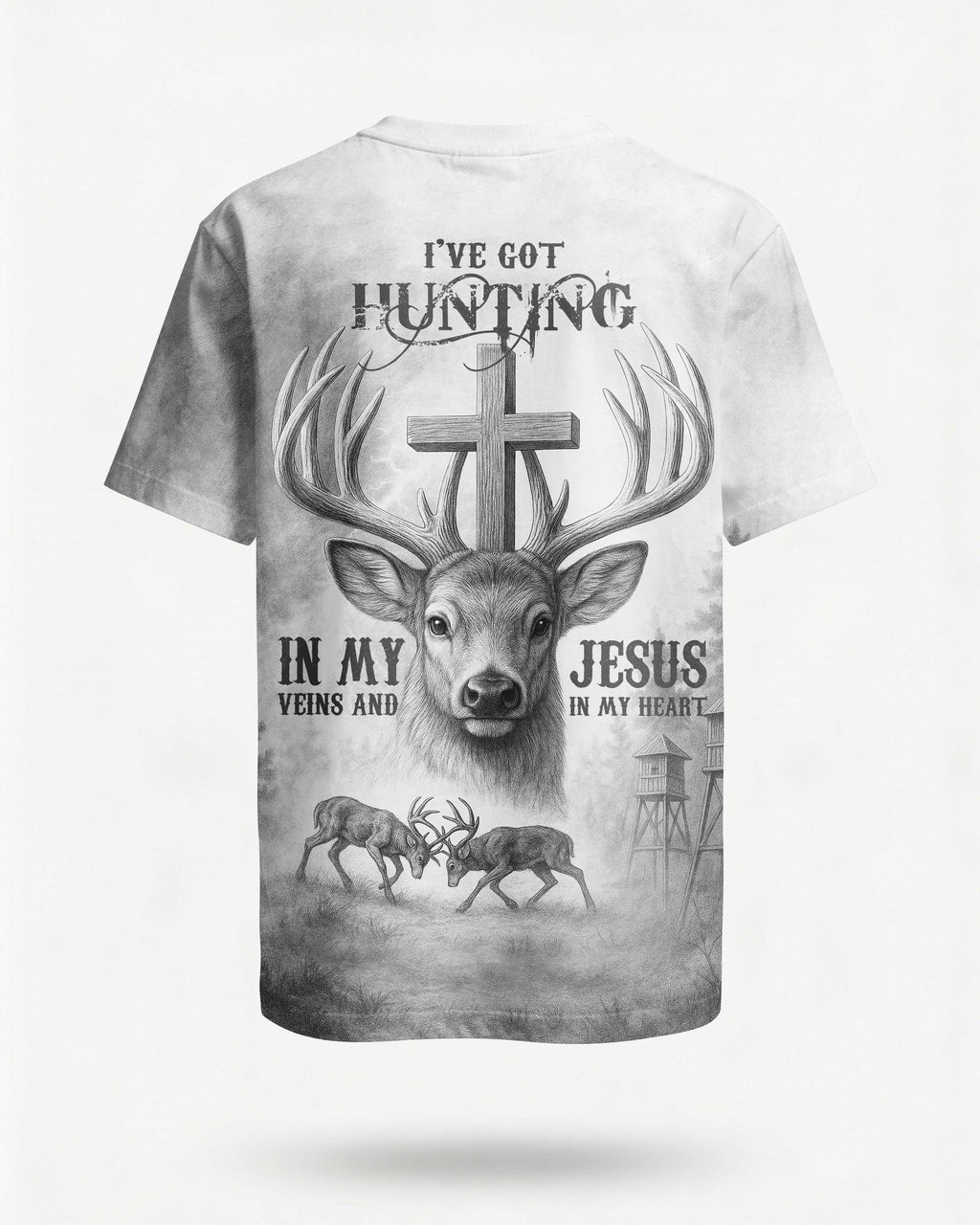 I've Got Hunting In My Veins And Jesus In My Heart All Over Print Grey T-Shirt