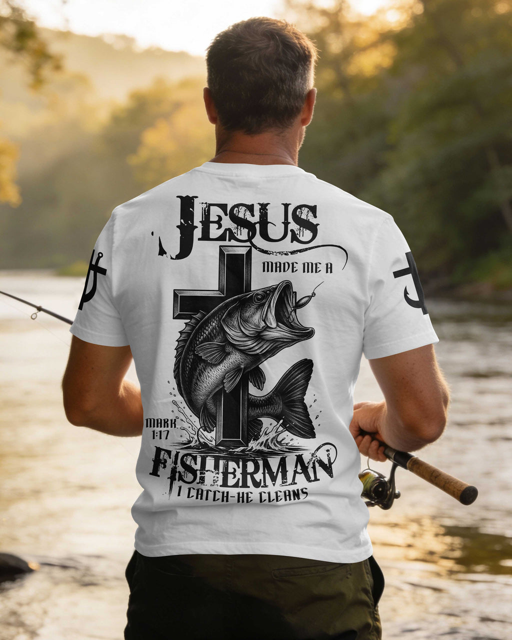 Jesus Made Me A Fisherman I Catch He Cleans All Over Print T-Shirt