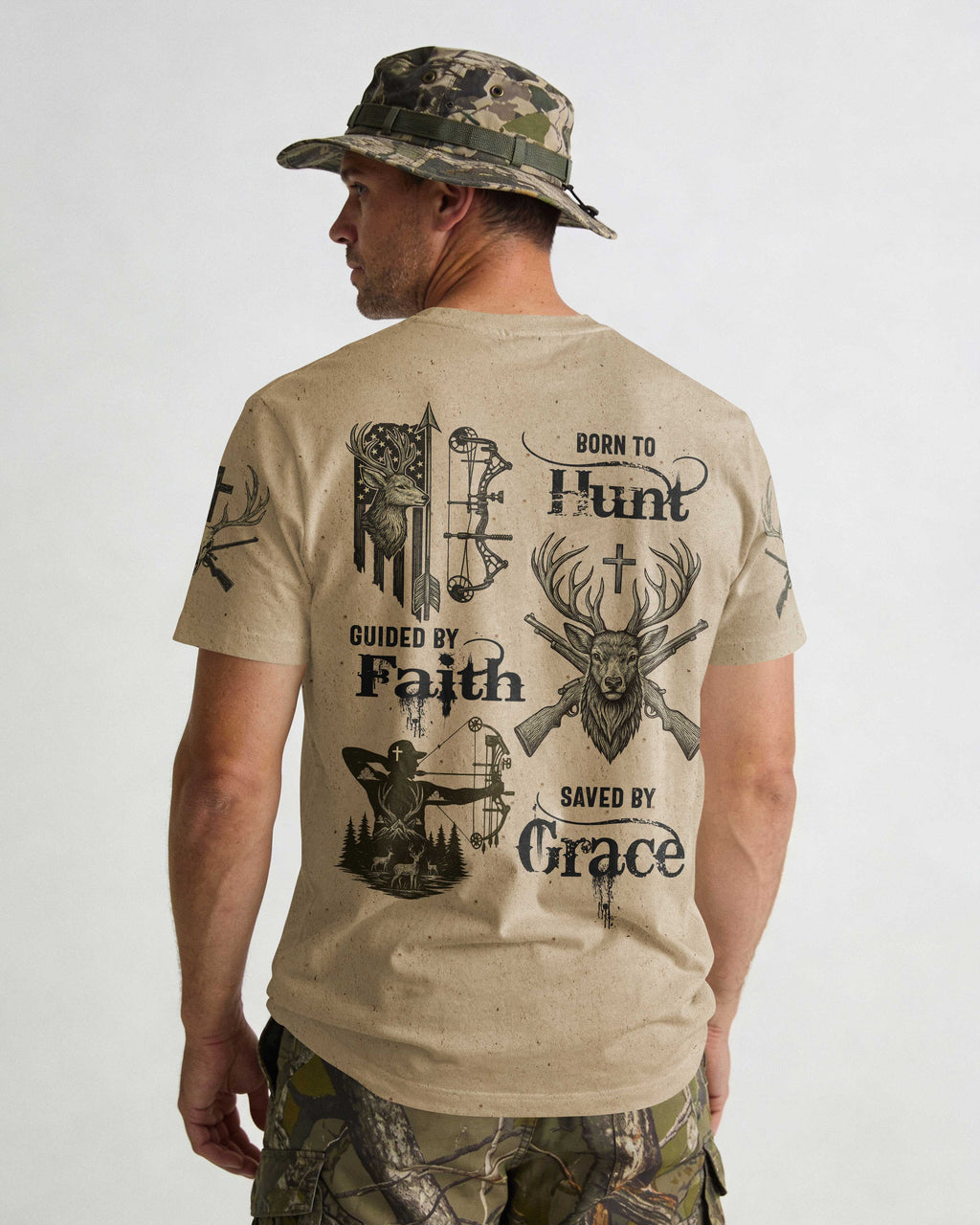 Born To Hunt Guided By Faith Saved By Grace Custom Name T-Shirt