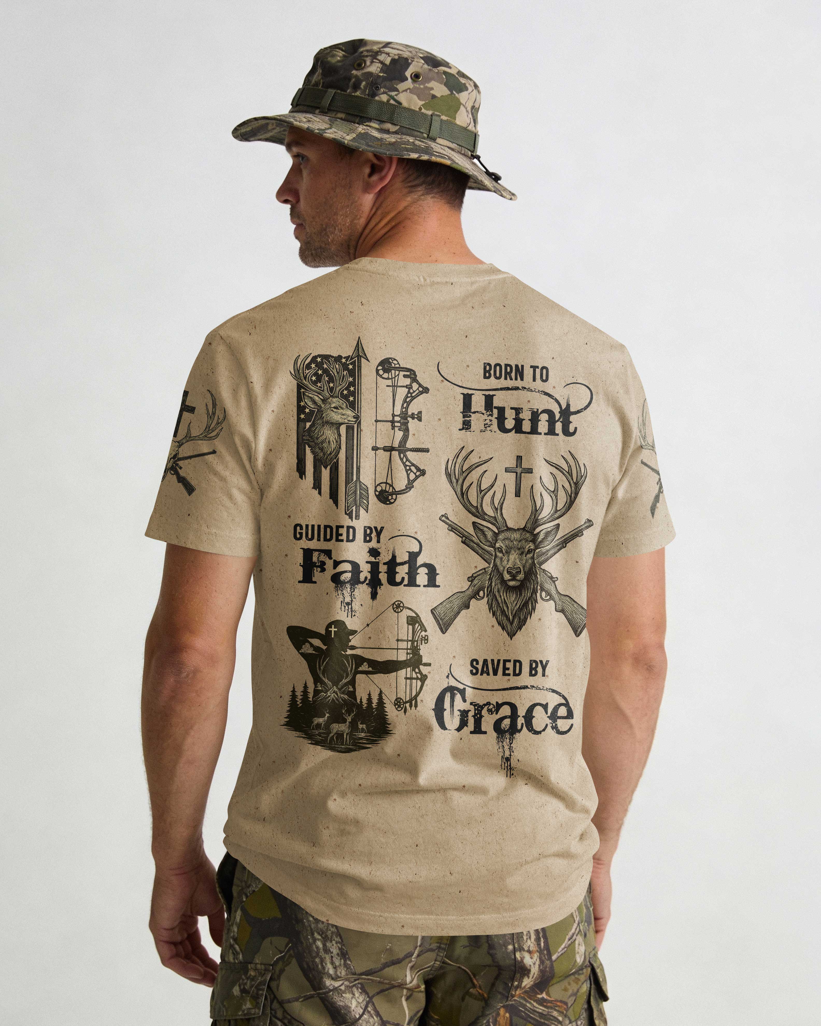 Born To Hunt Guided By Faith Saved By Grace Custom Name T-Shirt